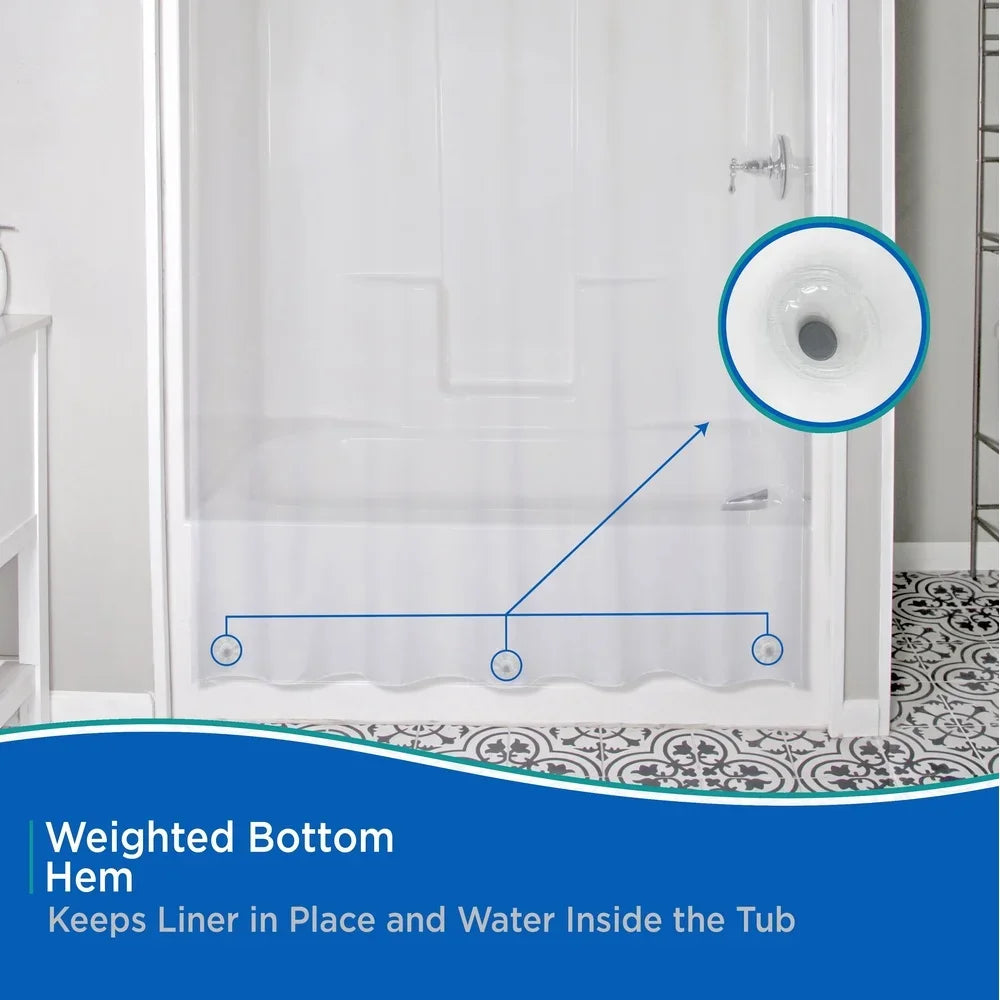 Medium Weight PEVA Shower Curtain 70 x 72 Inch Waterproof Eco-Friendly Odorless Liner with Beaded Roller Rings Standard Size