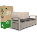 3 Seat Outdoor Storage Bench - 90 Gallon Capacity - Weatherproof Resin Bench for Patio, Porch, Garden, Yard, Pool Area - Furnit