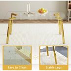 ,71''Gold Dining Room Table &Generous Legroom with 6 White Leather