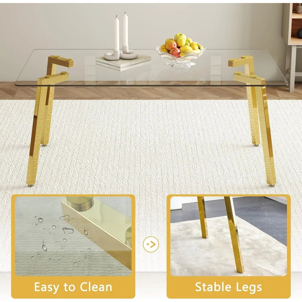 ,71''Gold Dining Room Table &Generous Legroom with 6 White Leather