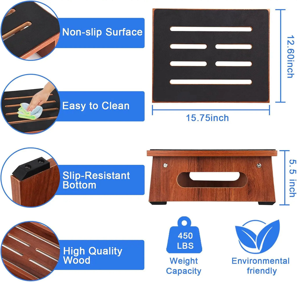 Non-Slip Wooden Step Stool for Adults and Seniors, 450 LBS Capacity, Portable for High Beds, Bathroom, Kitchen