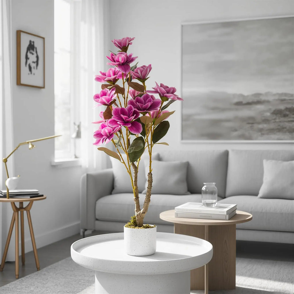 37" Artificial Magnolia Tree In White Planter, 3.1FT Pink Fake Flower Plant Faux Potted Floral Decor For Home Office Room
