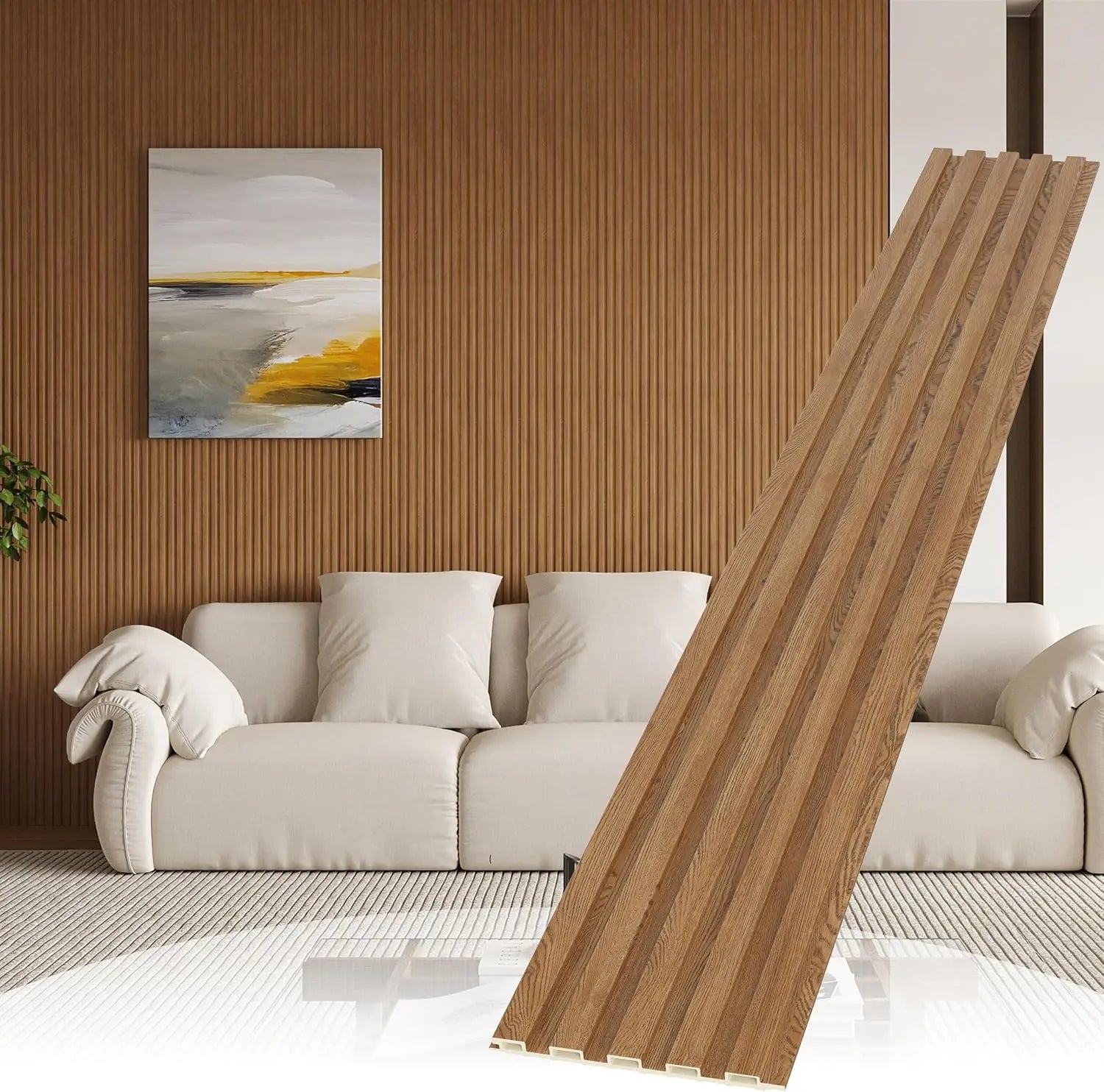 8-Pack 3D WPC Wood Wall Panels, Acoustic Interior Decor for Living Room and Bedroom in Golden Oak, 95x6 Inches
