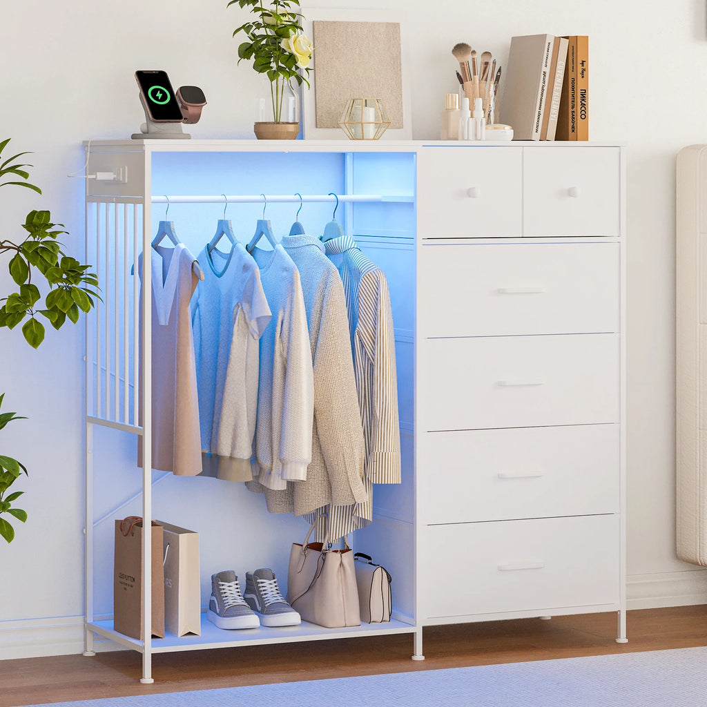 6 Fabric Drawers Hanging Rack Dresser Closet w/LED Lights & Charging Station