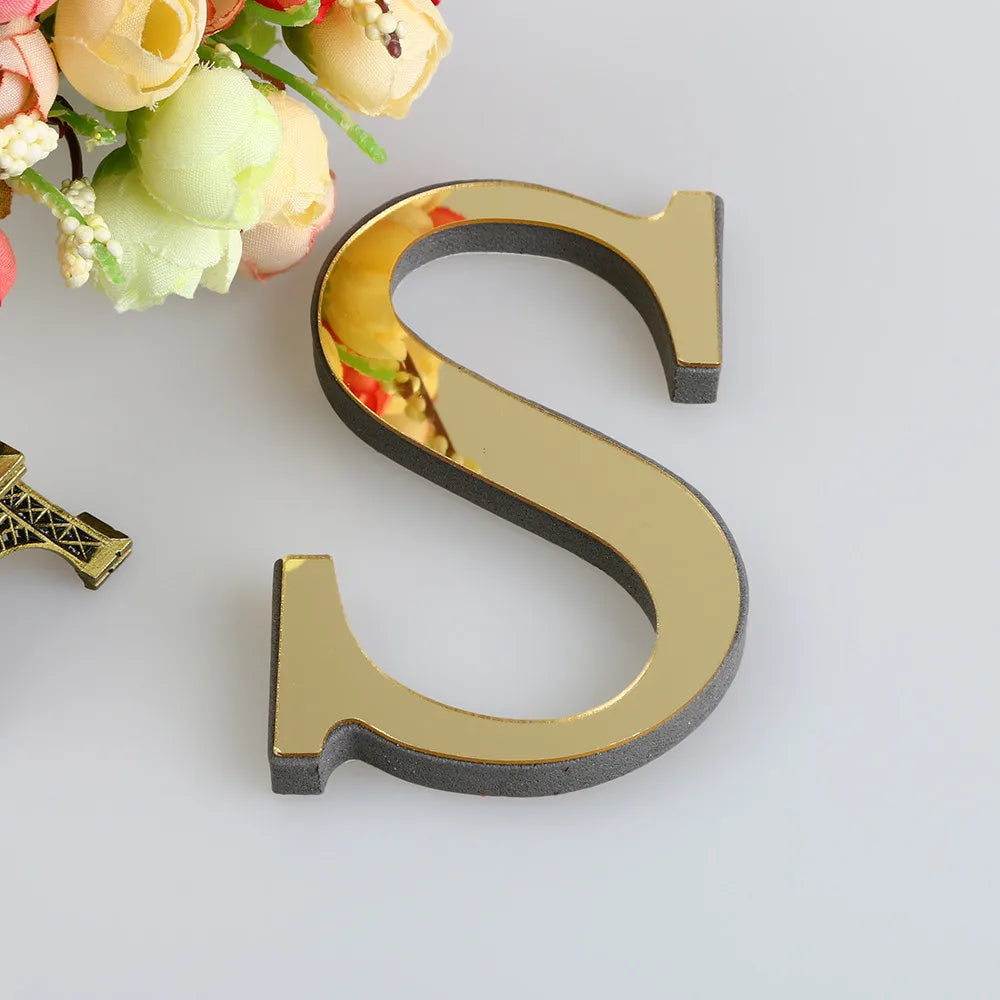 26 English Letters Wall Sticker 3D Mirror Acrylic Gold