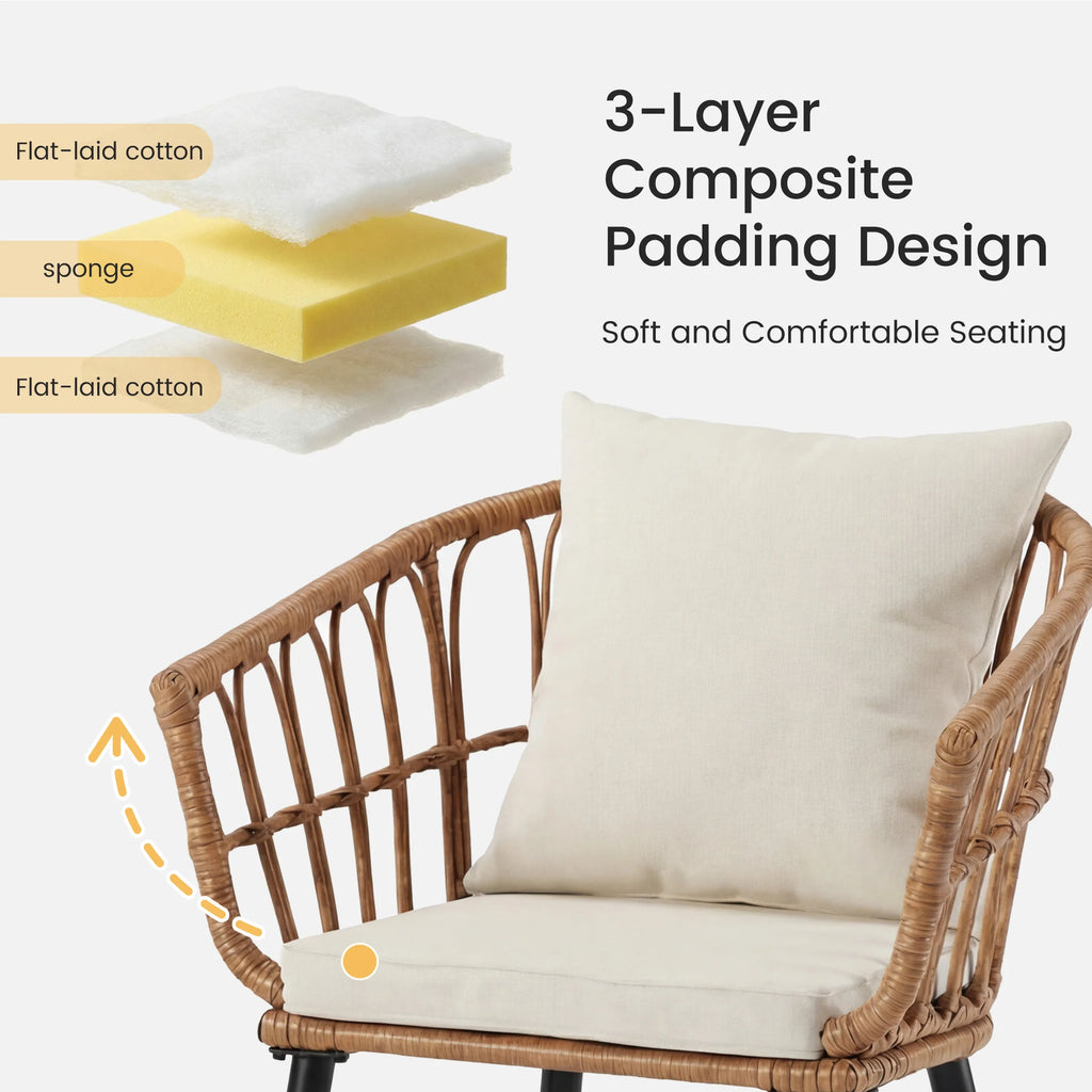 3 Pieces Wicker Patio Outdoor Set with Soft Cushion and Glass Steel Frame Table Manual Weaving Patio Chairs For Garden Lawn