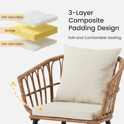 3 Pieces Wicker Patio Outdoor Set with Soft Cushion and Glass Steel Frame Table Manual Weaving Patio Chairs For Garden Lawn