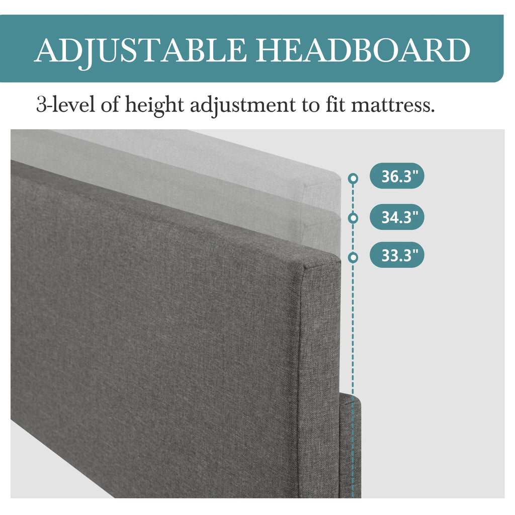 Upholstered Bed Frame with Adjustable Headboard, Soft Linen Fabric,