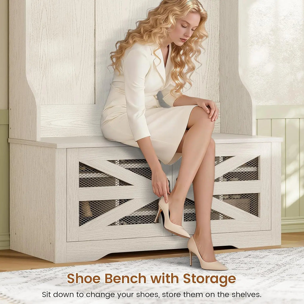 5-in-1 Entryway Bench with Coat Rack, 10 Shoe Cubbies & 9 Coat Hooks, Barn Door & Adjustable