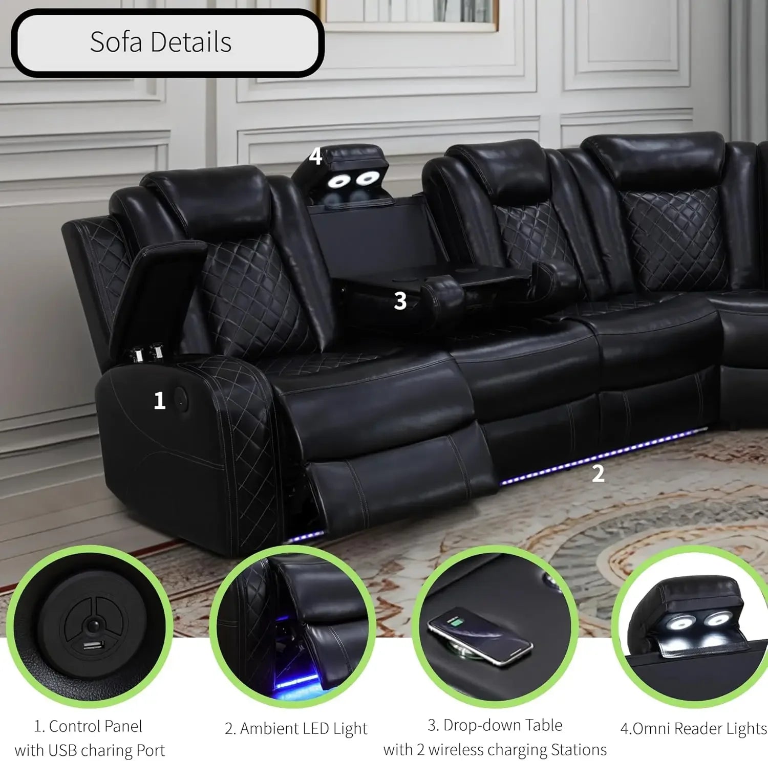 Power Recliner Sectional Sofa with LED Light, Air Leather