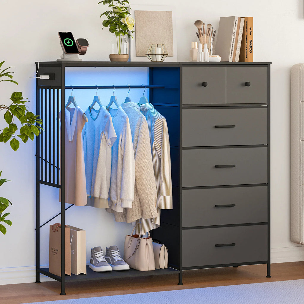 6 Fabric Drawers Hanging Rack Dresser Closet w/LED Lights & Charging Station