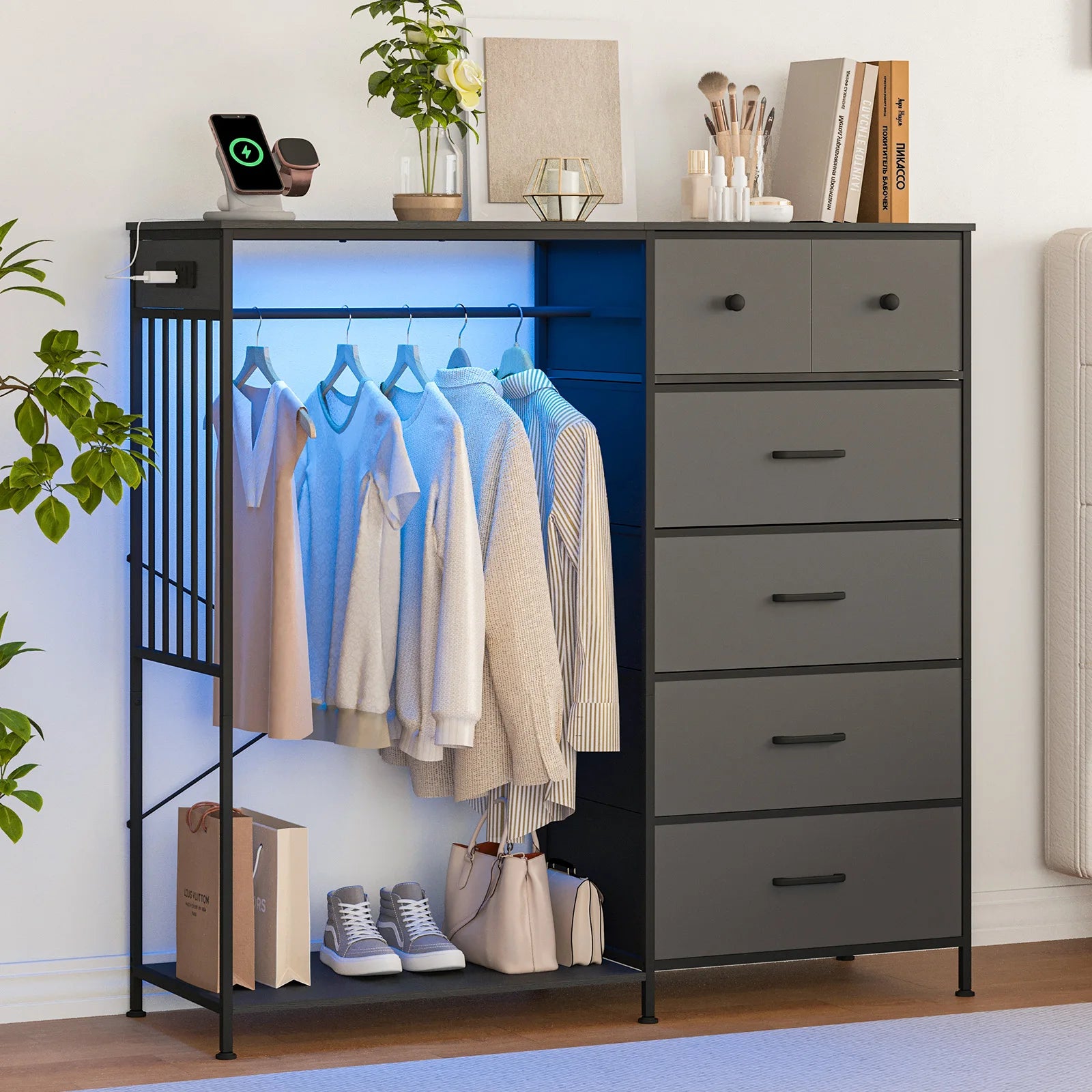 6 Fabric Drawers Hanging Rack Dresser Closet w/LED Lights & Charging Station