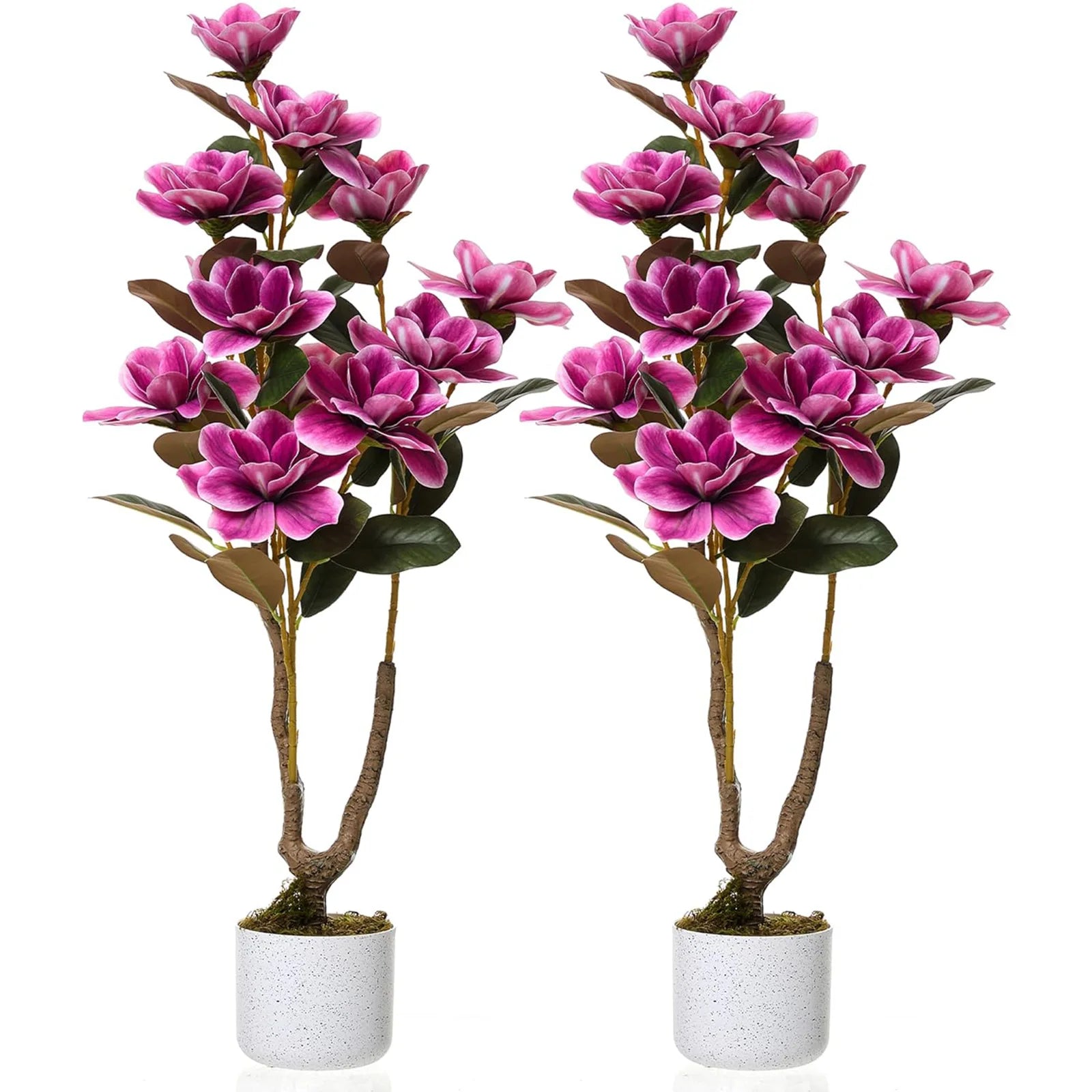 37" Artificial Magnolia Tree In White Planter, 3.1FT Pink Fake Flower Plant Faux Potted Floral Decor For Home Office Room