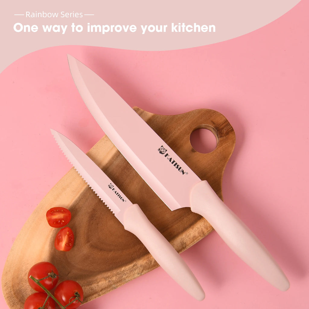 14 Pieces Pink Kitchen Knife Color Block Set, Titanium Coated Carbon Steel