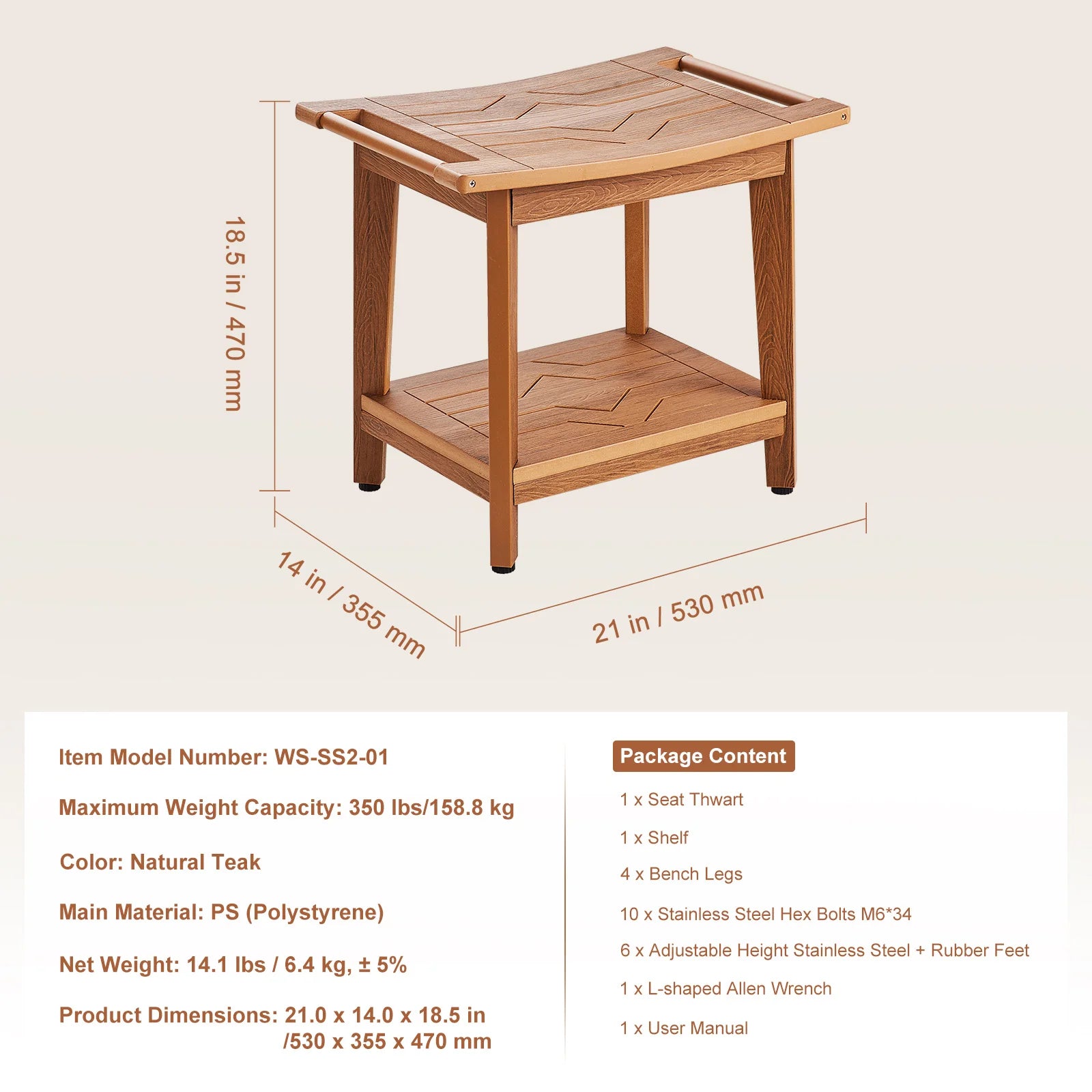 Bamboo Shower Bench 19.1x11.3x18.3 in Waterproof