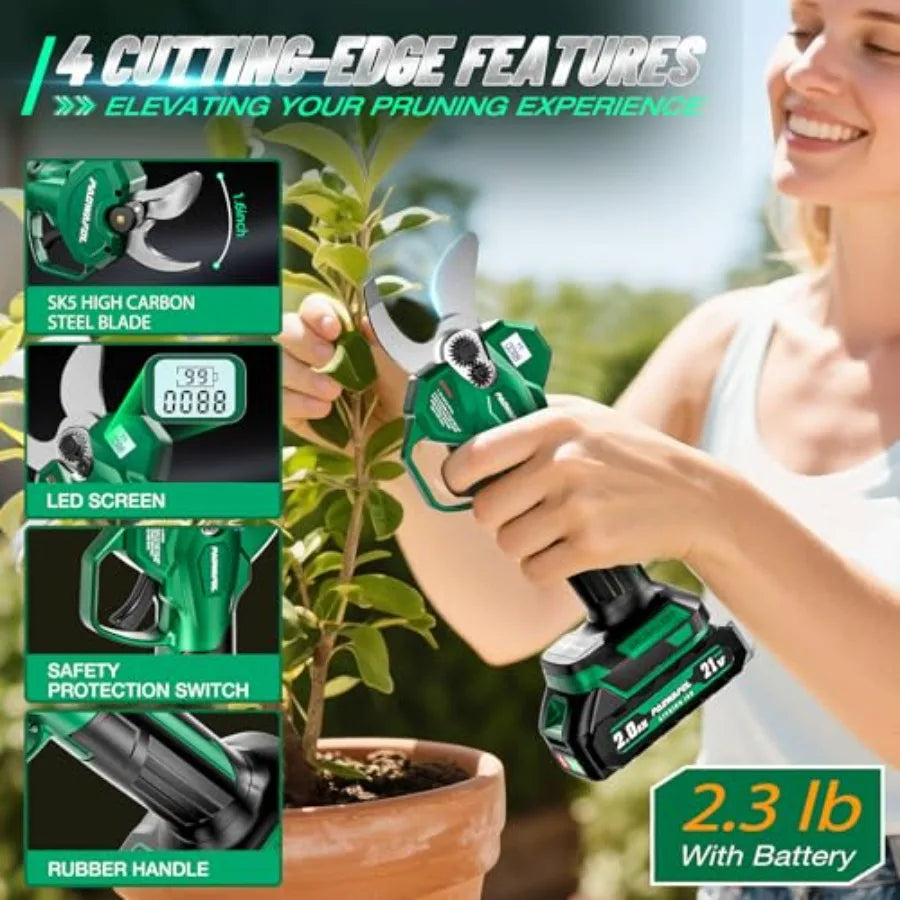 Cordless Electric Pruning Shears 1.6 Cutting Diameter with LCD Display 21V Brushless Motor Branch Cutter 2x 2000mAh Rechargeabl