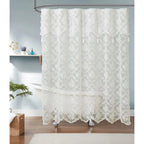 Ivory Shower Curtain with Attached Valance and Elegant Tassels. Standard Size 72 x 72 Lace Shower Curtain for Bathroom.