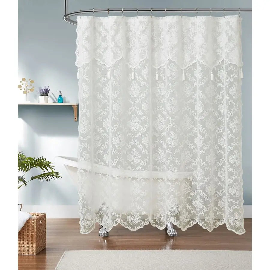 Ivory Shower Curtain with Attached Valance and Elegant Tassels. Standard Size 72 x 72 Lace Shower Curtain for Bathroom.