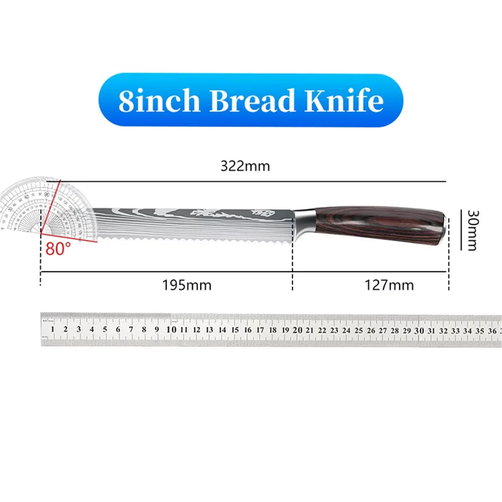 Bread Knife Serrated Design Laser Damascus Wood Handle Slicing Chef Knive