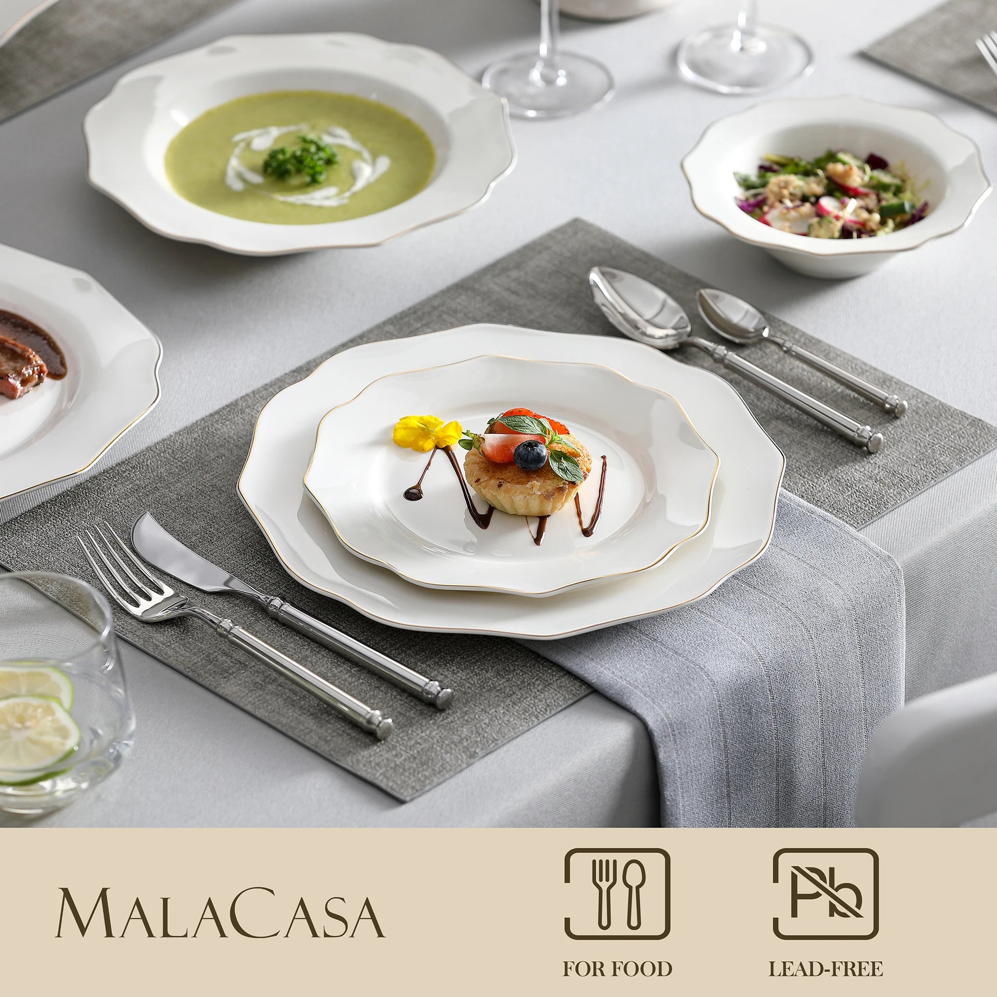 White Porcelain Tableware Set with Bowl, Dinner&Dessert&Soup Plate Set for 4/8