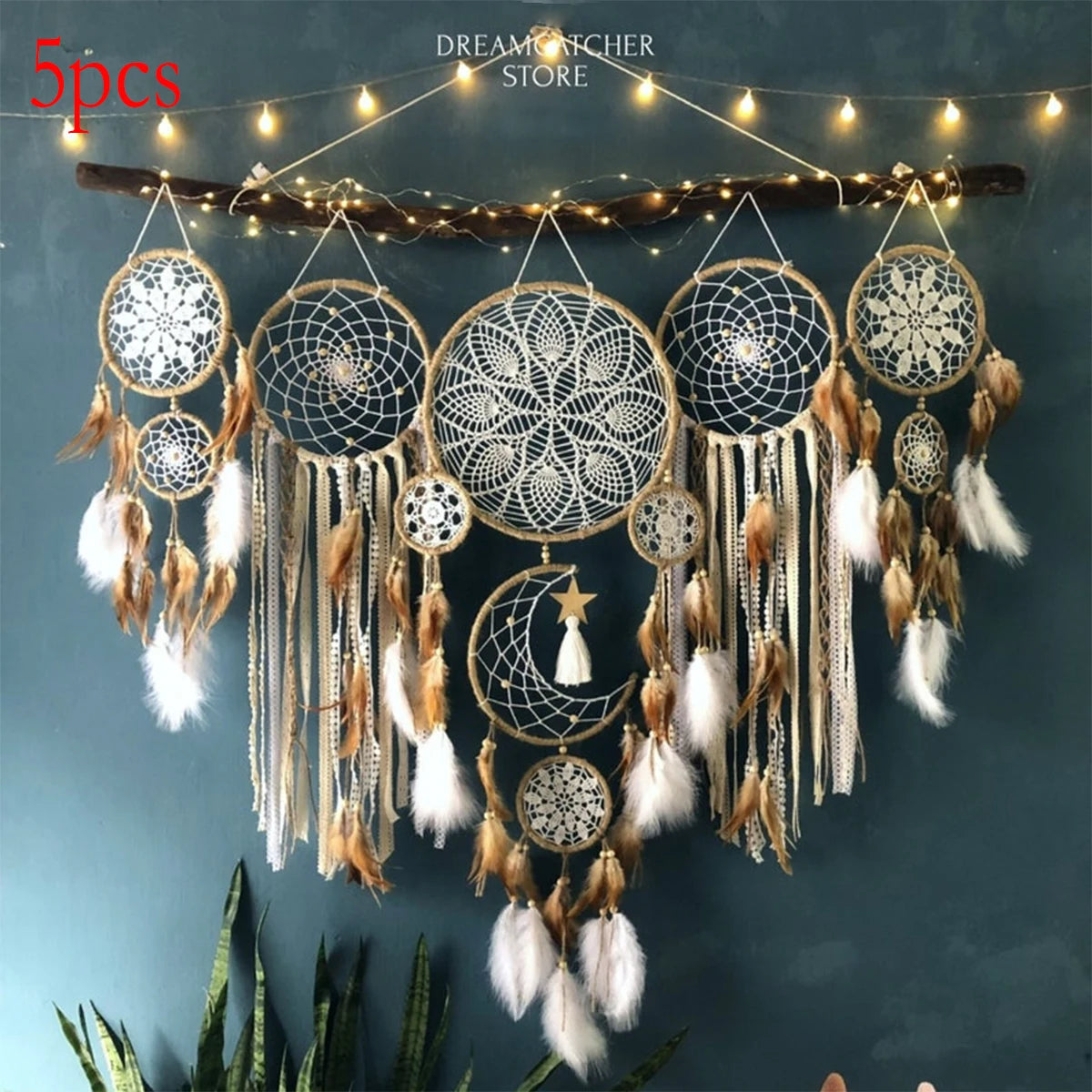 5-piece large Dream Catcher, Handcrafted Moon Dream Chaser,