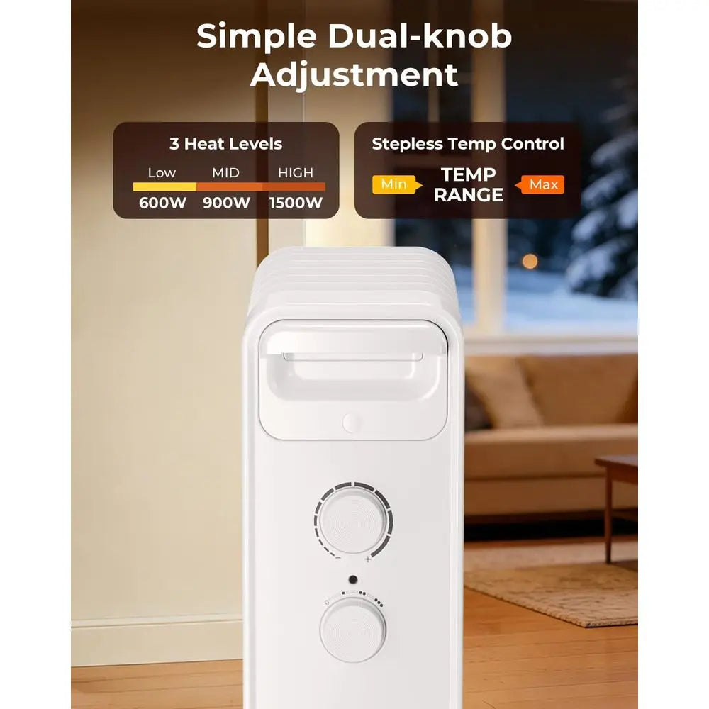 Portable 1500W Oil-Filled Radiator Heater with Adjustable Temperature, 3 Heat Modes, Overheat and Tip-Over Protection for Home a