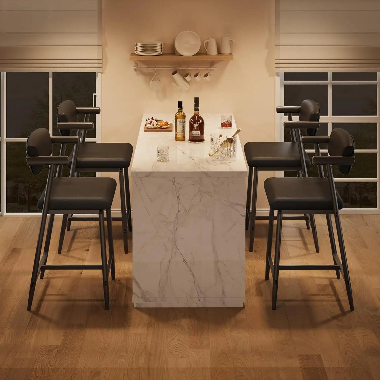 2PCS Modern Bar Stools Set with Back & Upholstered Wider Seat