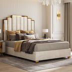 Queen Upholstered Velvet Platform Bed with Gold Trim Headboard