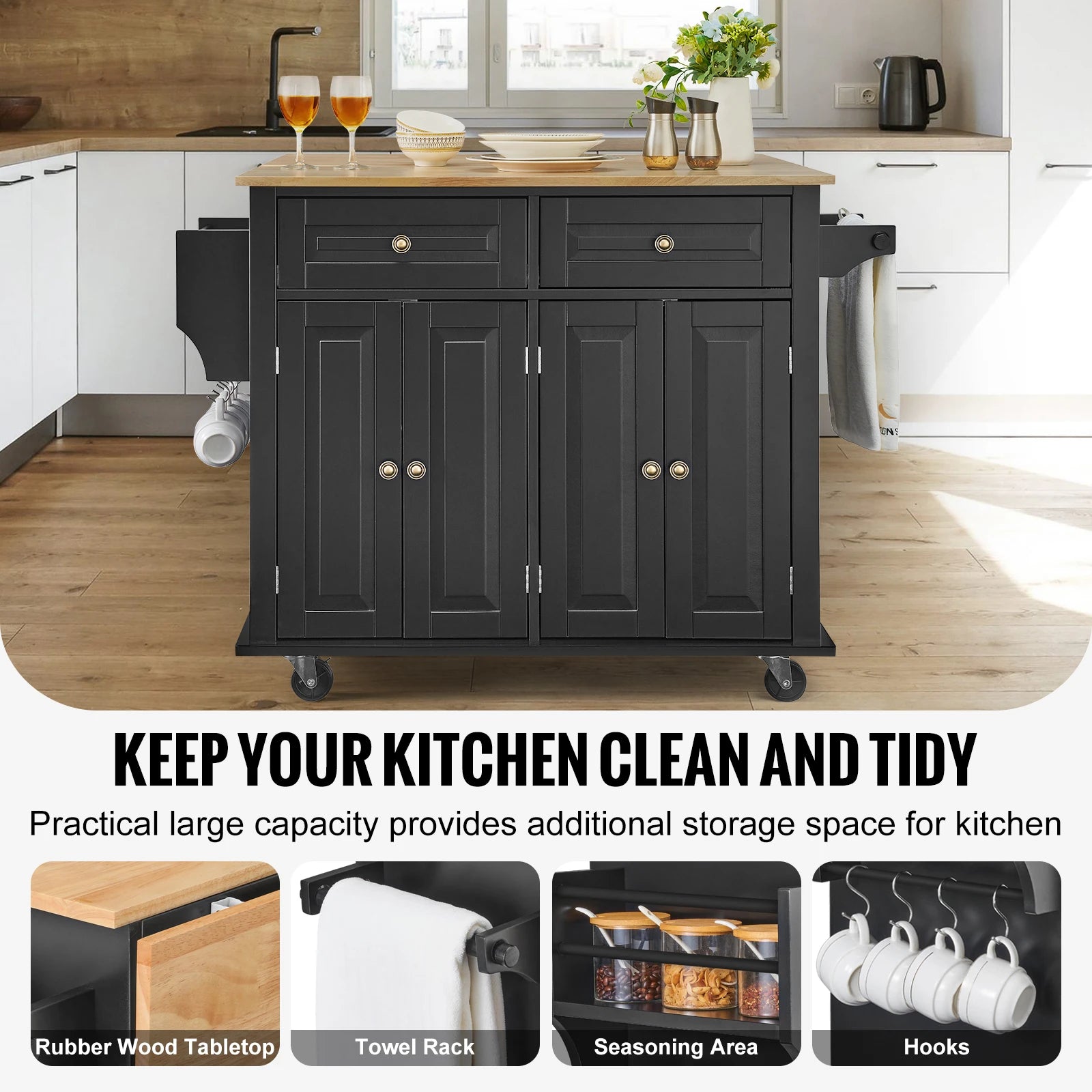 43" Kitchen Island Cart Wood Top Mobile Carts with Storage Cabinet