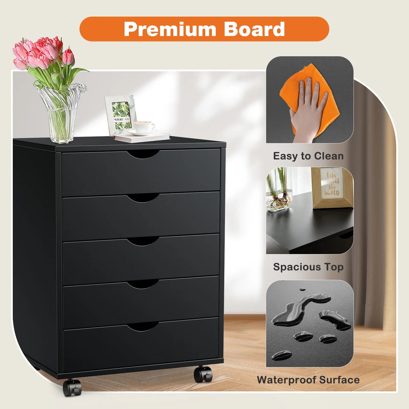 JHK Wood Nightstand Cabinet 5 Drawers Waterproof Surface