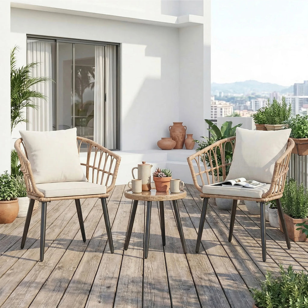 3 Pieces Wicker Patio Outdoor Set with Soft Cushion and Glass Steel Frame Table Manual Weaving Patio Chairs For Garden Lawn