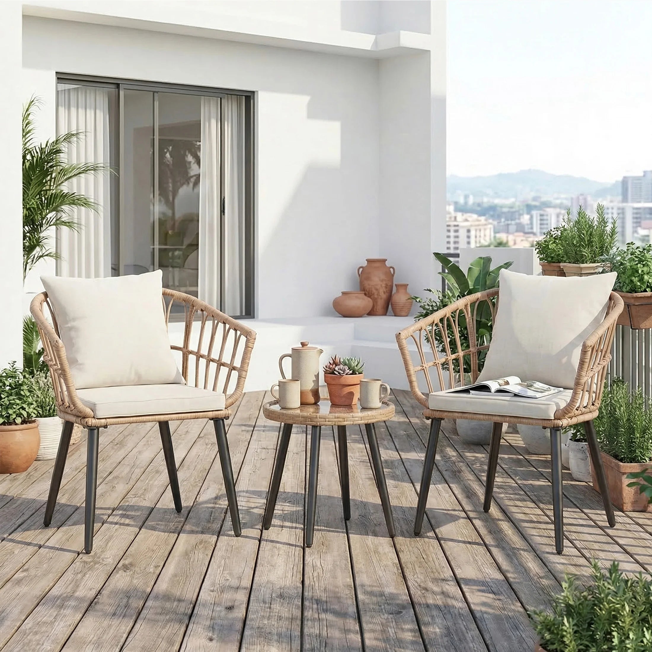 3 Pieces Wicker Patio Outdoor Set with Soft Cushion and Glass Steel Frame Table Manual Weaving Patio Chairs For Garden Lawn