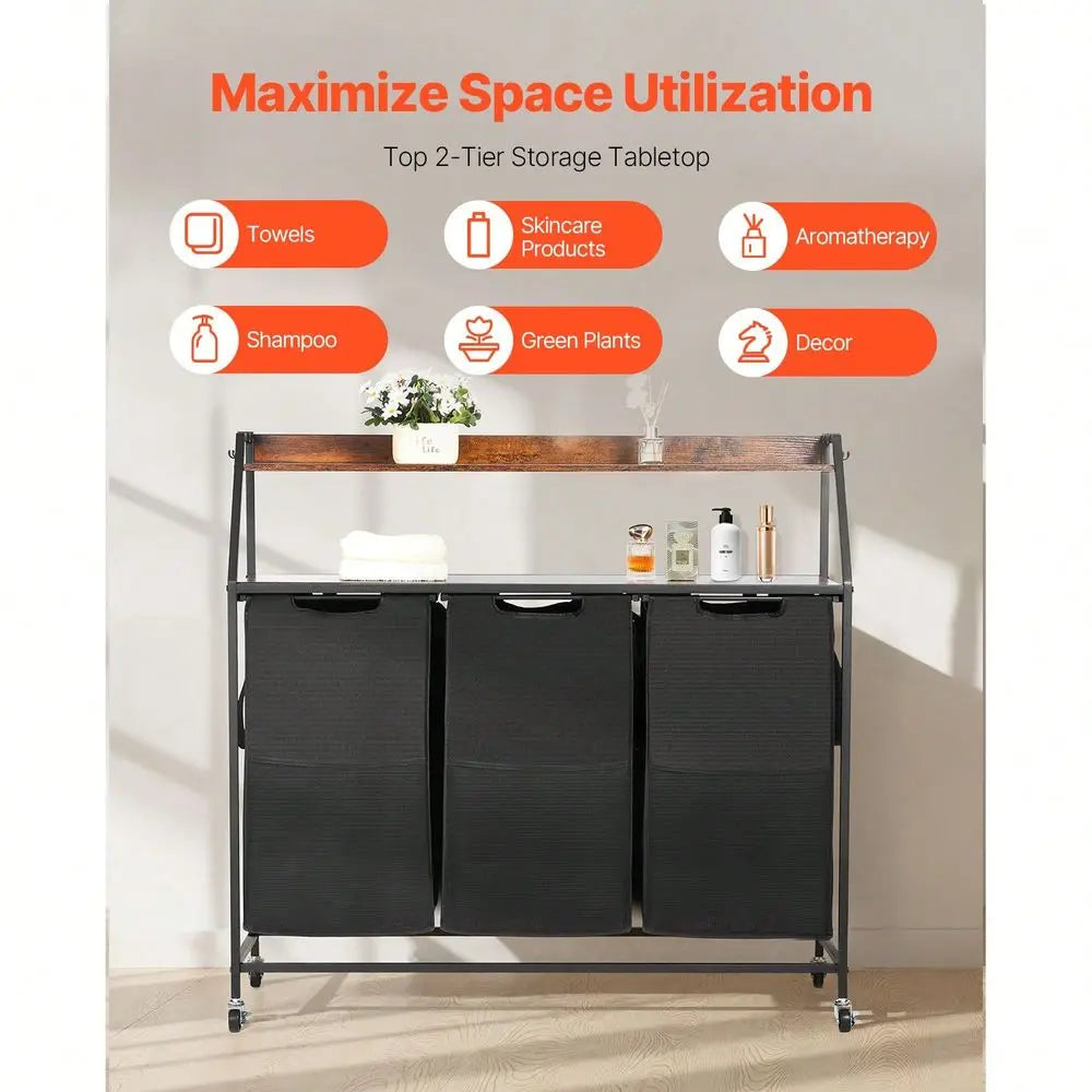 Tall Laundry Hamper With Metal Frame And Wooden Tabletop