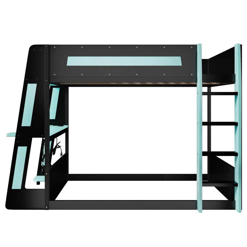 Full Wooden Gaming Bunk Bed with Desk Storage Shelves USB LED Light