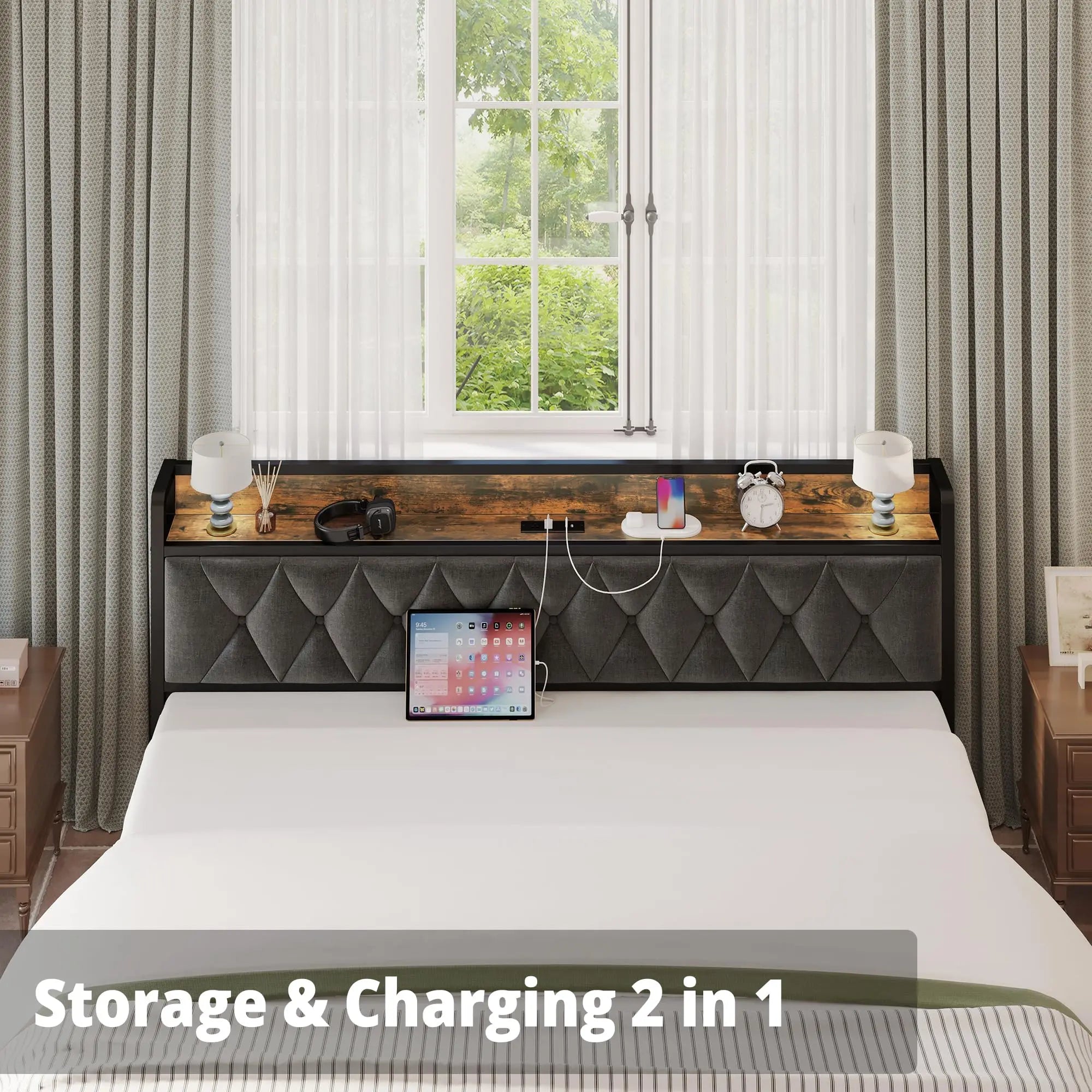Twin/TwinXL/Full/Queen/King/CaliforniaKing Bed Frames, Storage Headboard with Outlets,