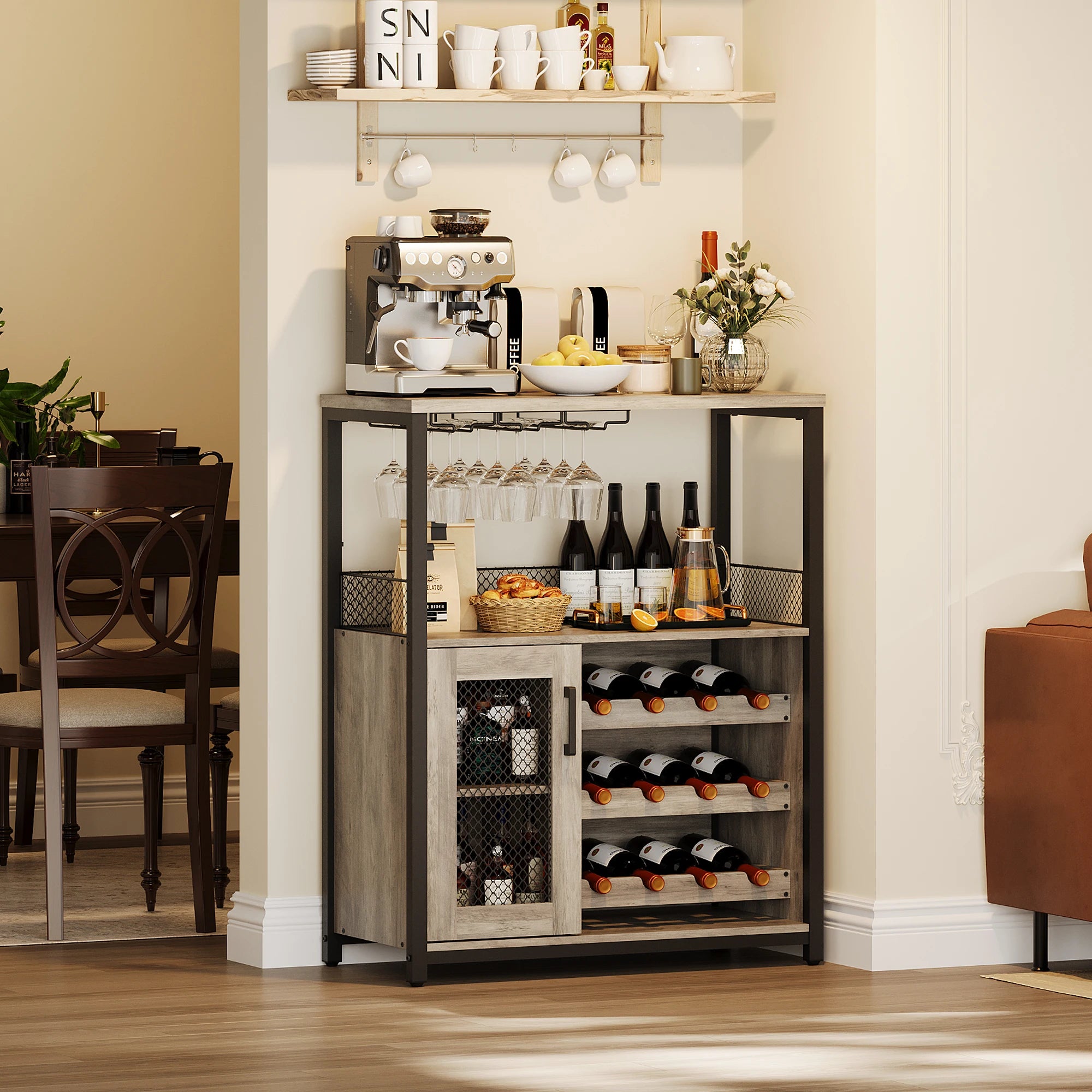36" Wine Bar Cabinet with LED Lights - Adjustable Glass Shelves