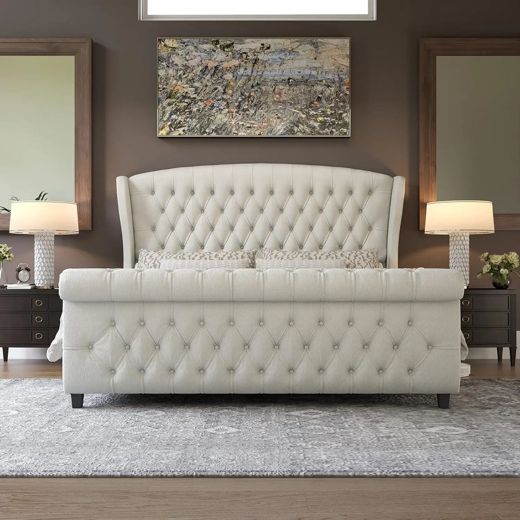 Chenille Upholstered Sleigh Bed with Scroll Wingback Headboard & Footboard/Button,