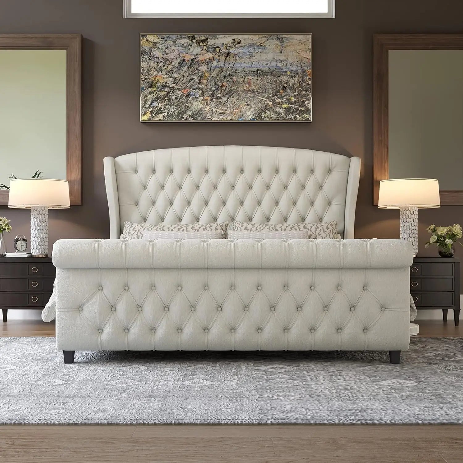 Chenille Upholstered Sleigh Bed with Scroll Wingback Headboard & Footboard/Button,