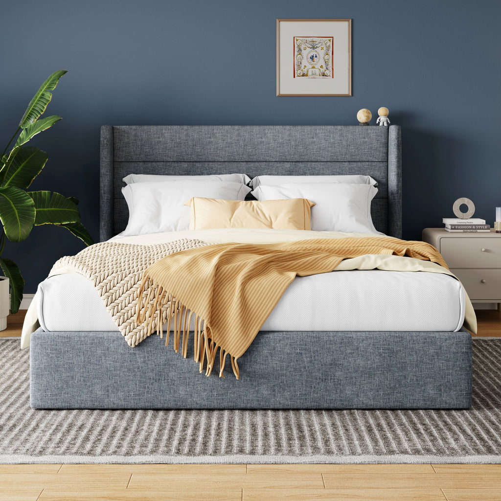 Lift Up Storage Bed with Wingback Headboard/Heavy-Duty Hydraulic Bed/Large Underneath Storage