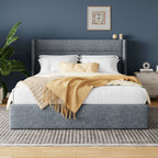 Lift Up Storage Bed with Wingback Headboard/Heavy-Duty Hydraulic Bed/Large Underneath Storage