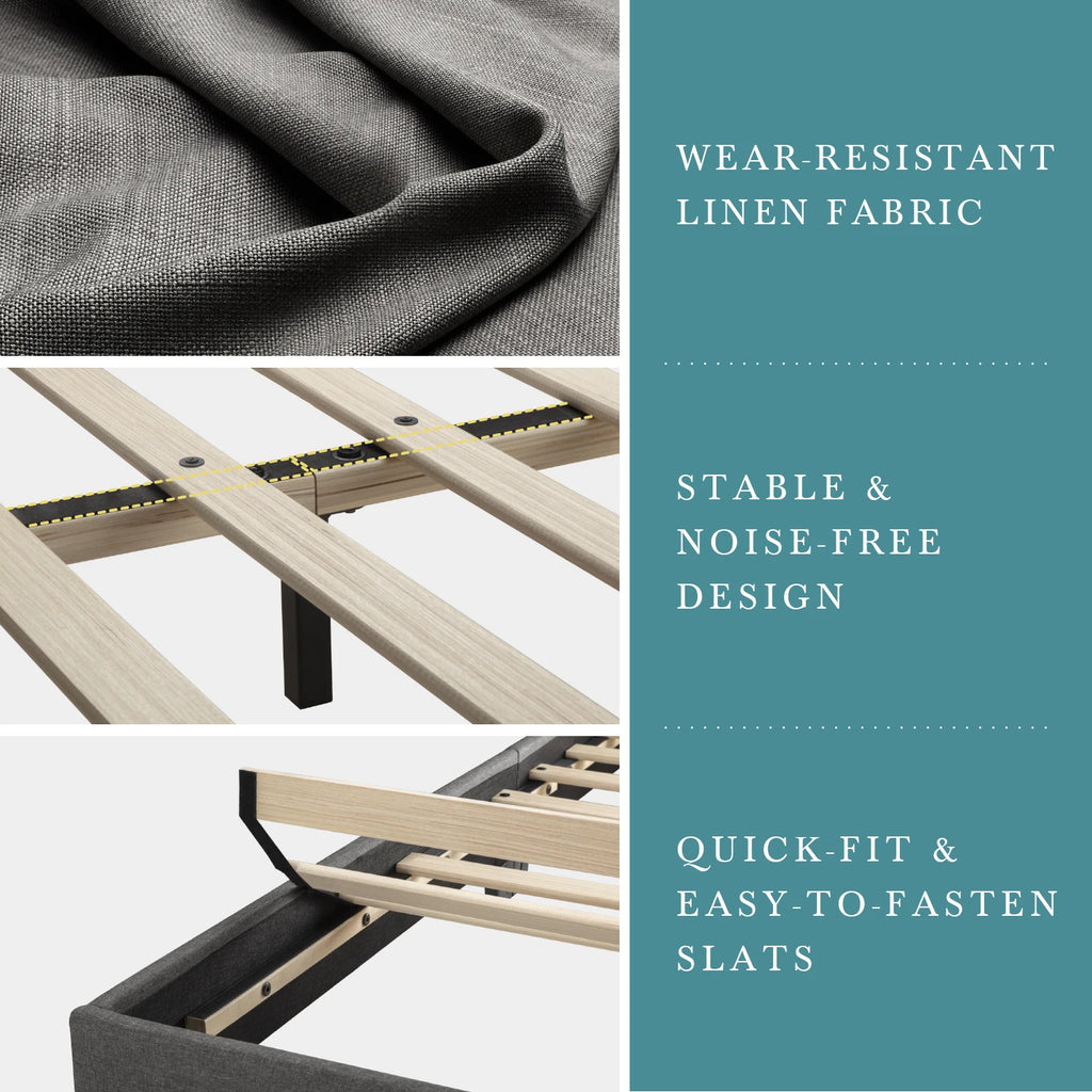 Upholstered Bed Frame with Adjustable Headboard, Soft Linen Fabric,