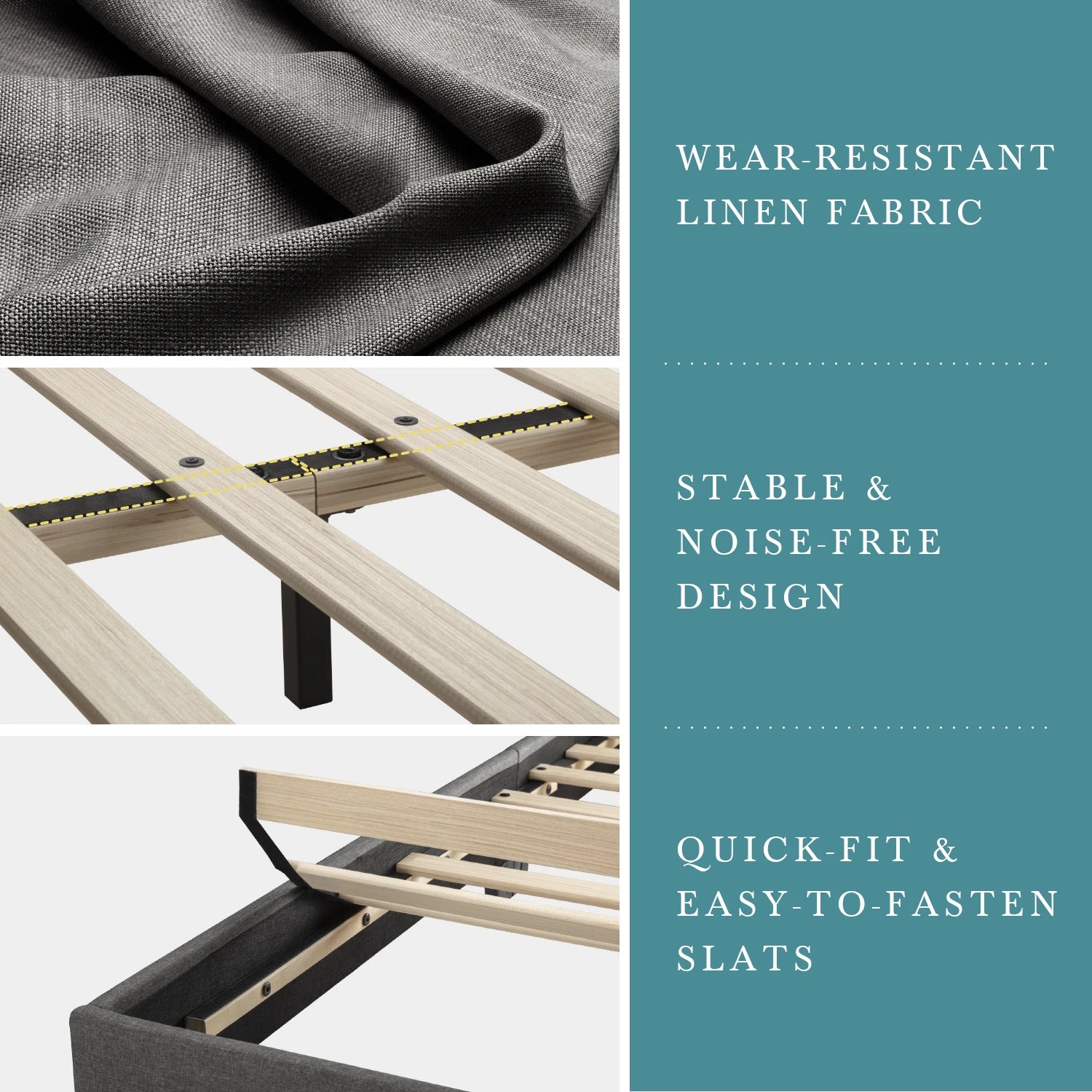 Upholstered Bed Frame with Adjustable Headboard, Soft Linen Fabric,