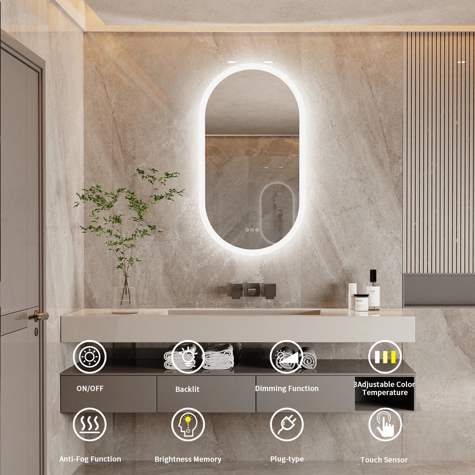Frameless Wall Mirror with Lights Anti-Fog