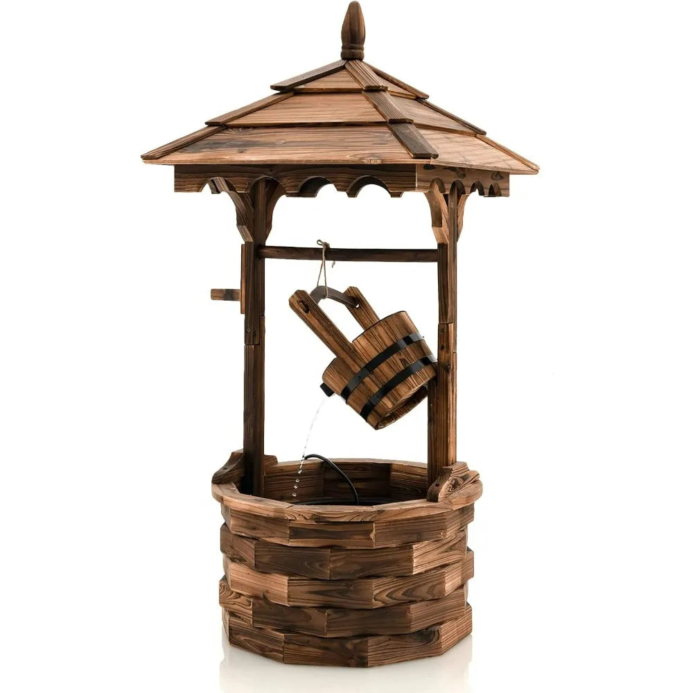 Outdoor Wooden Water Fountain with Electric Pump, 5 Adjustable Water Flow Rates,