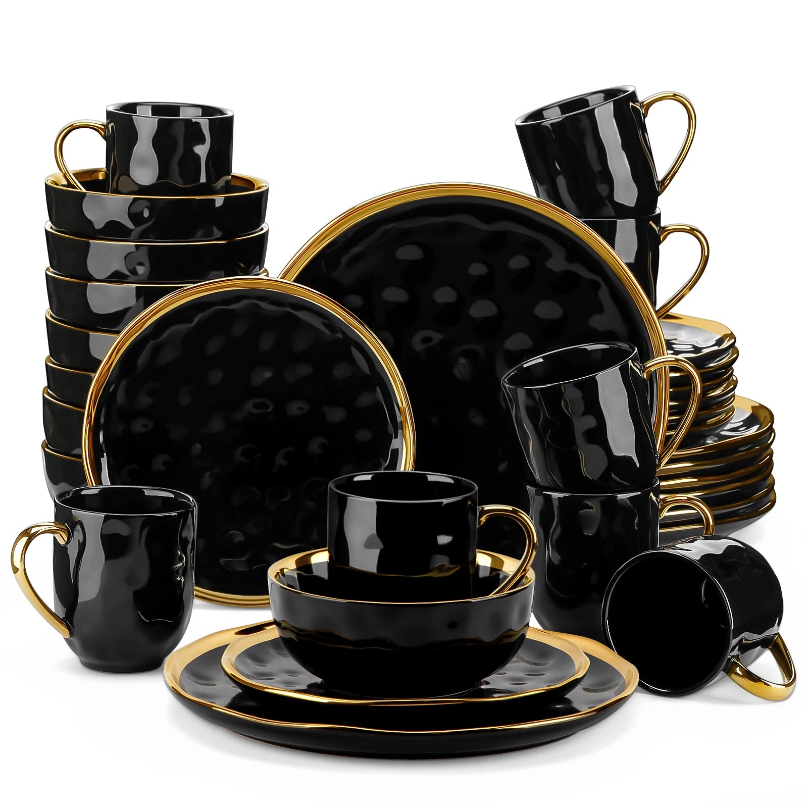 Porcelain Dinnerware Set with Gold Trim Dessert Plate,Dinner Plate,Cup,Bowl