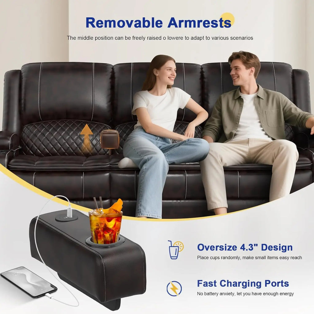 3 Seat Recliner Sofa with Console, Armrest, PU Leather, Cup Holders, USB Ports,