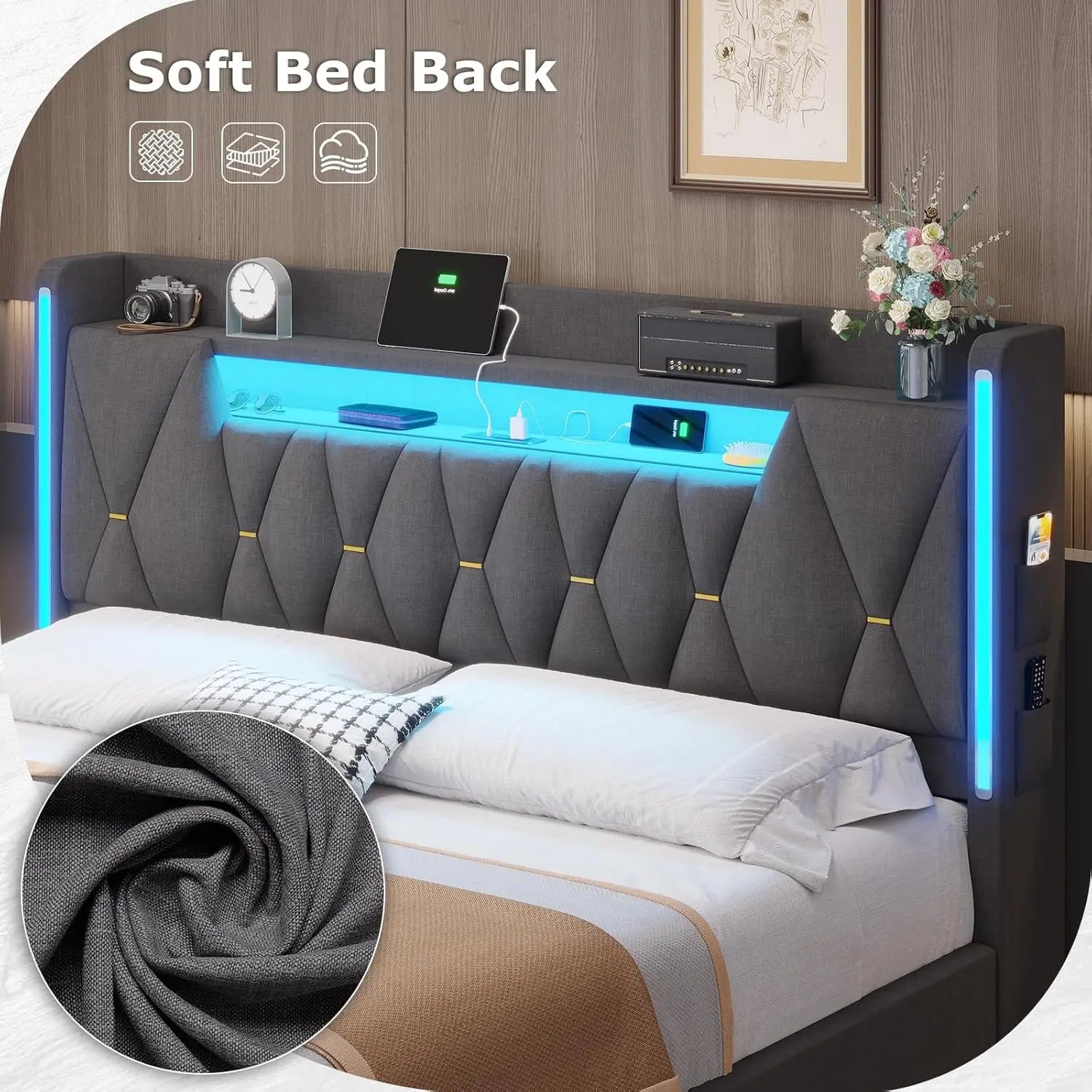 LED King Bed Frame with Storage, Charging Station & Headboard - Dark Gray Linen Upholstered Metal Frame