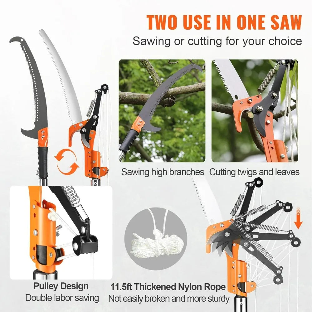 7.3-27 ft Extendable Pole Saw 8 Fiberglass Handles Steel Blade Scissors Tree Pruner for Palms Shrubs