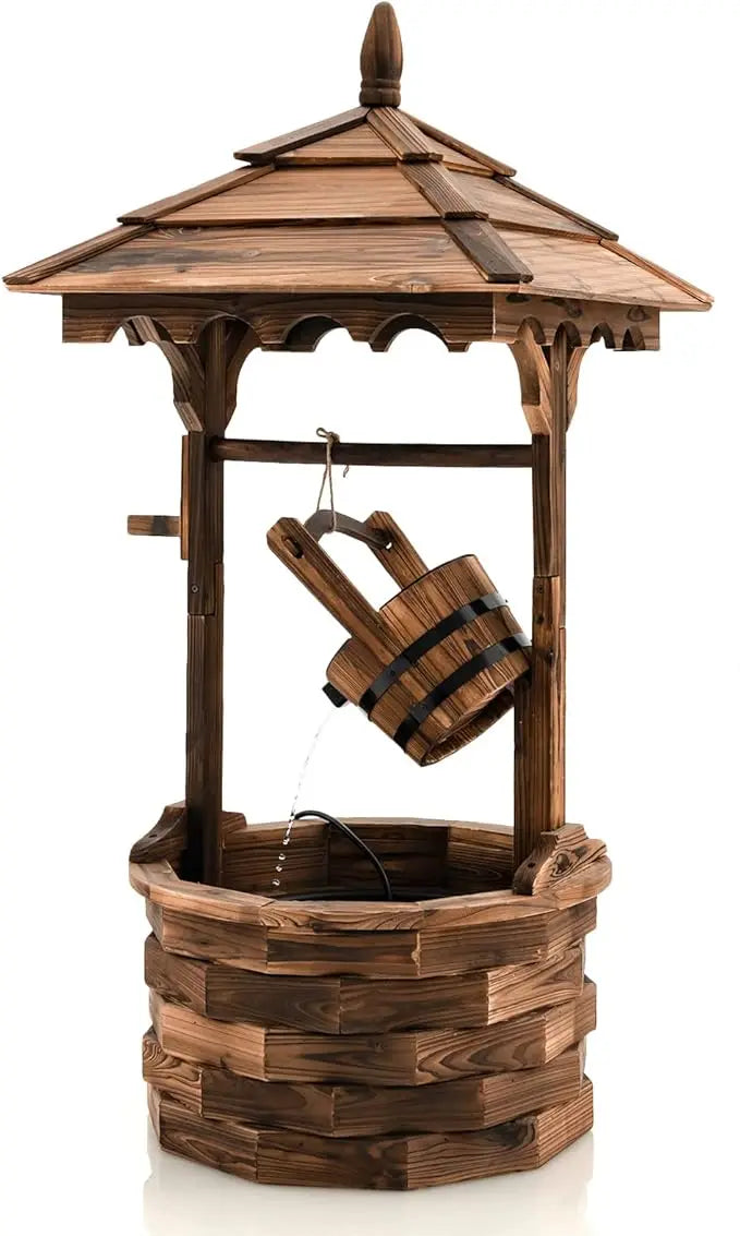 Outdoor Wooden Water Fountain with Electric Pump, 5 Adjustable Water Flow Rates,