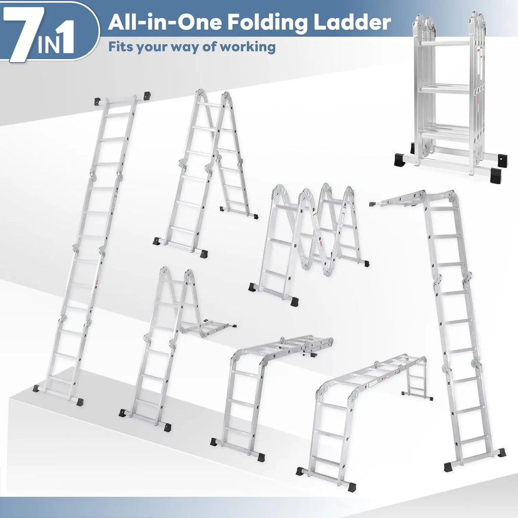 Multi-Purpose Folding Ladder,7 in 1 Aluminium Heavy Duty Collapsible Tall Extension Adjustable